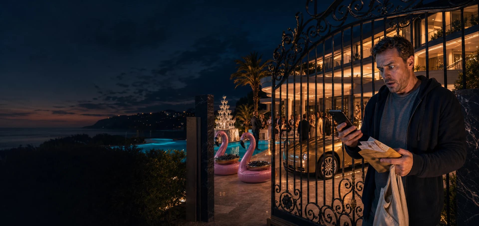 A stunned man outside the gates of an extravagant coastal mansion after checking a stack of old lottery tickets
