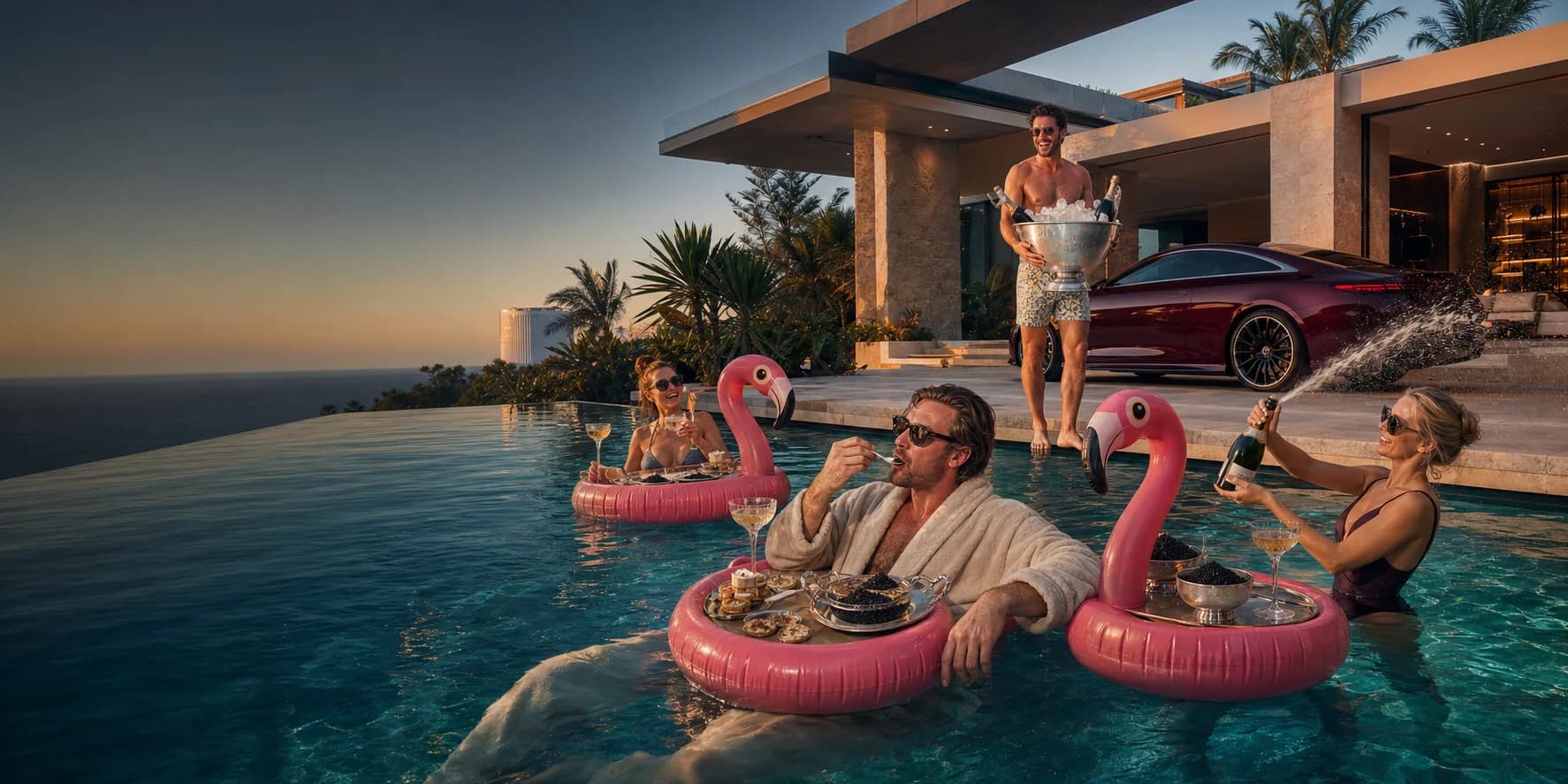 An intentionally excessive modern pool party with caviar-filled flamingo floats at a coastal mansion