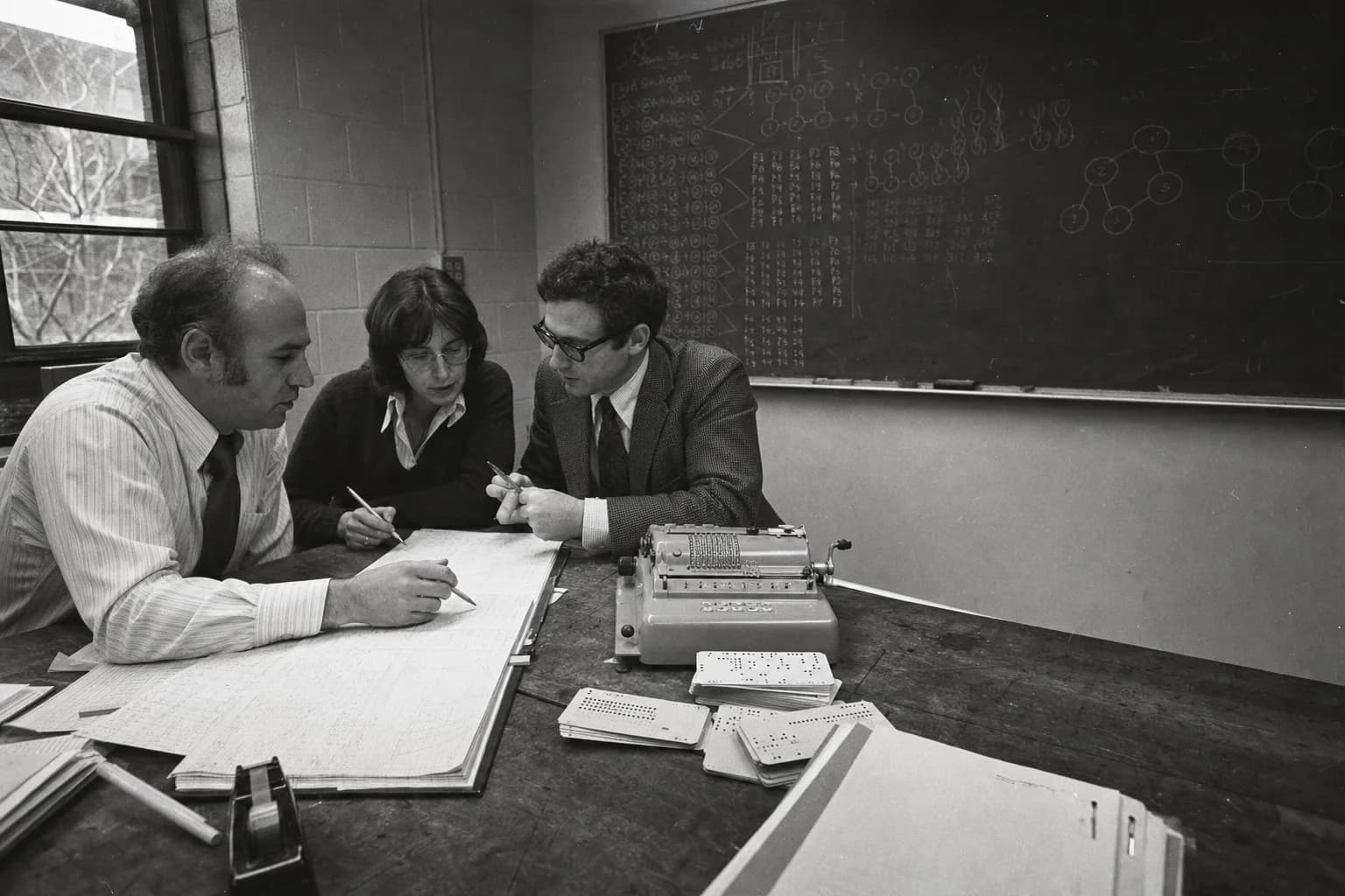 Three 1970s mathematicians examining probability calculations in a university laboratory